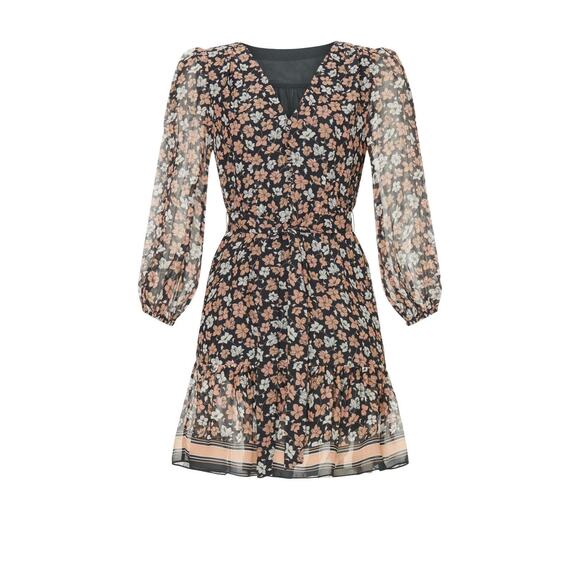 Club Monaco Silk Black Floral Print V-Neck Blouson Long Sleeve Mini Dress Sz 12 - Picture 5 of 16